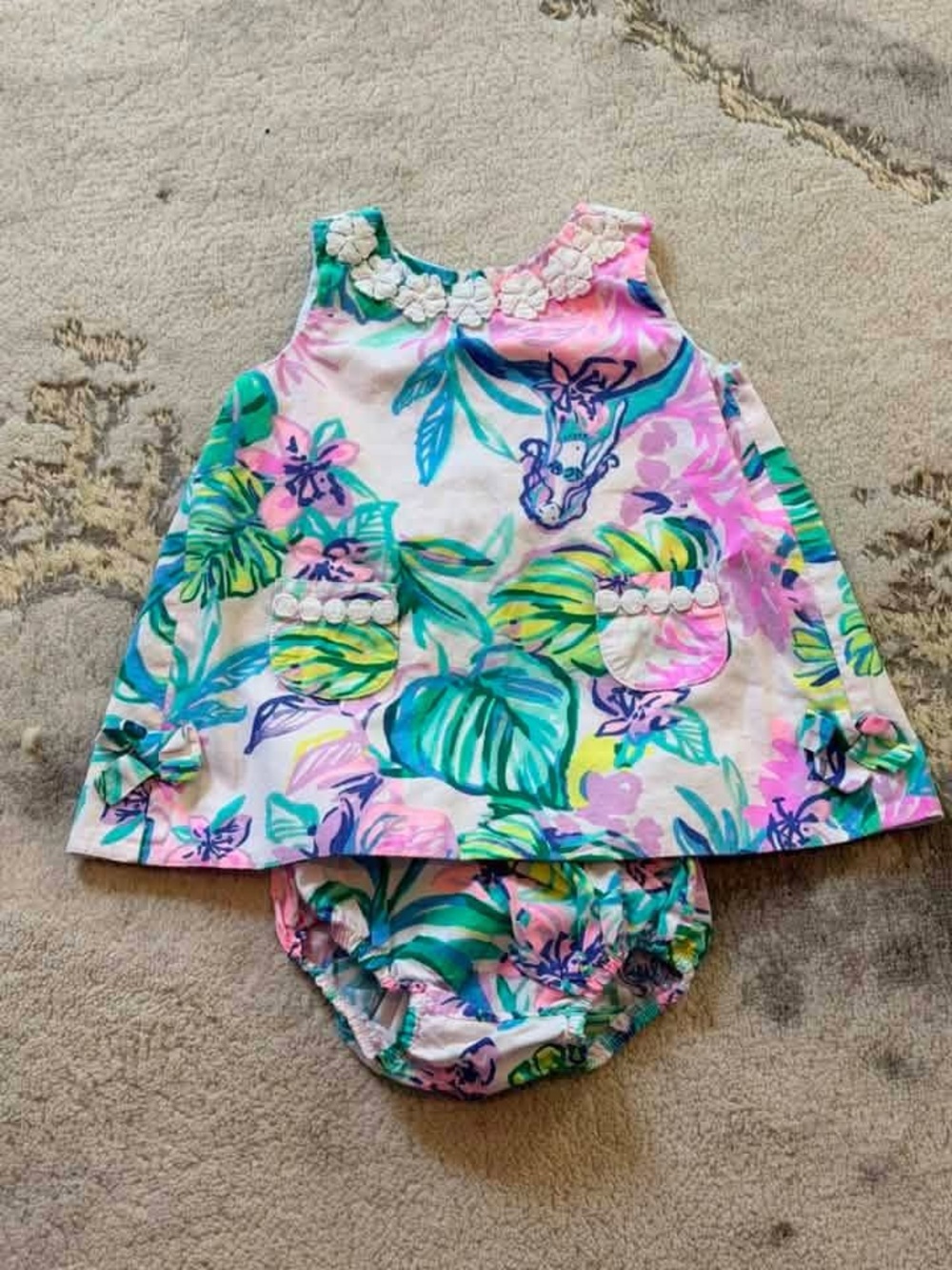 EUC Lilly Pulitzer Baby Floral Tropical Dress & Bloomers - Pink Green Sz 6/12M